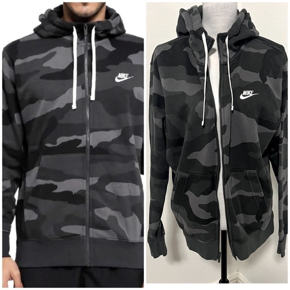 Nike Men’s Camouflage Medium Zipped Hooded Jacket ‘Gray’ Drawstring Activewear - Picture 1 of 8